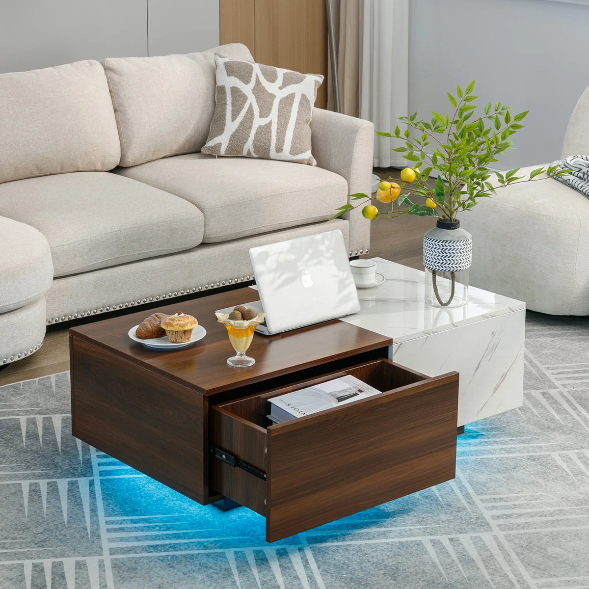 Walnut and Marble White Coffee Table with 2 Storage Drawers H2273