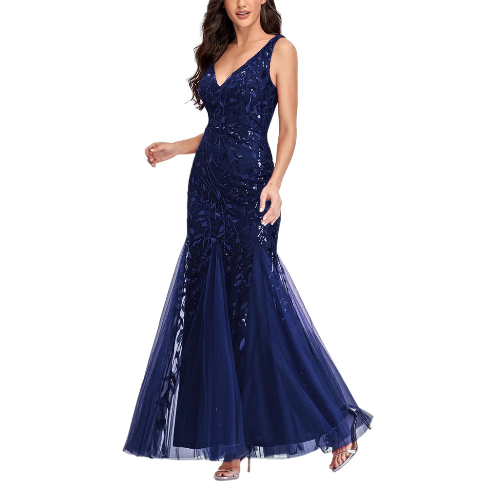 Sleeveless V-neck Tulle Embroidery Sequins Cocktail Mermaid Bridesmaid Dress J57844