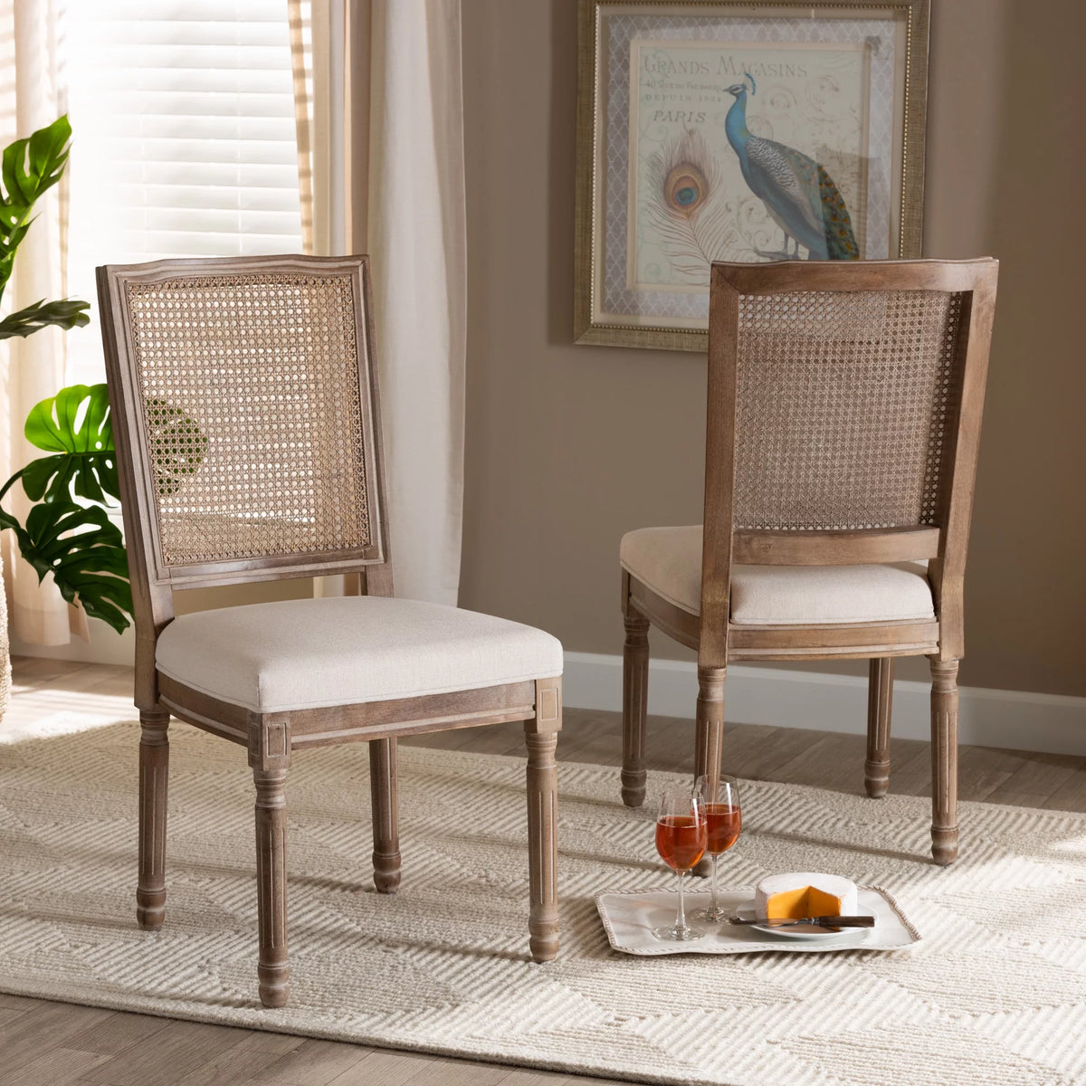 Beige and Antique Brown Dining Chair Set of 2 D5898