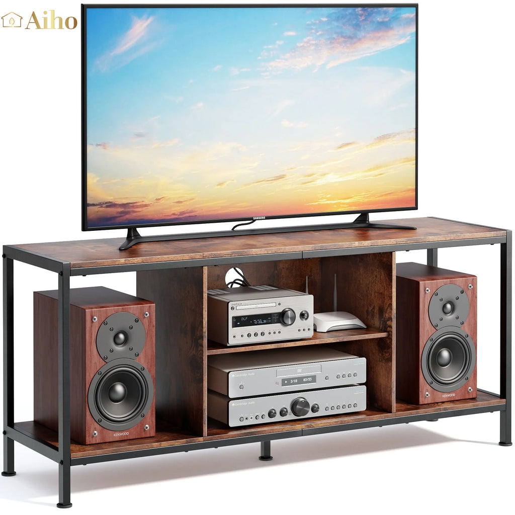 Mid-Century Wooden TV Stand with Open Storage Shelves and Metal Frame U658059