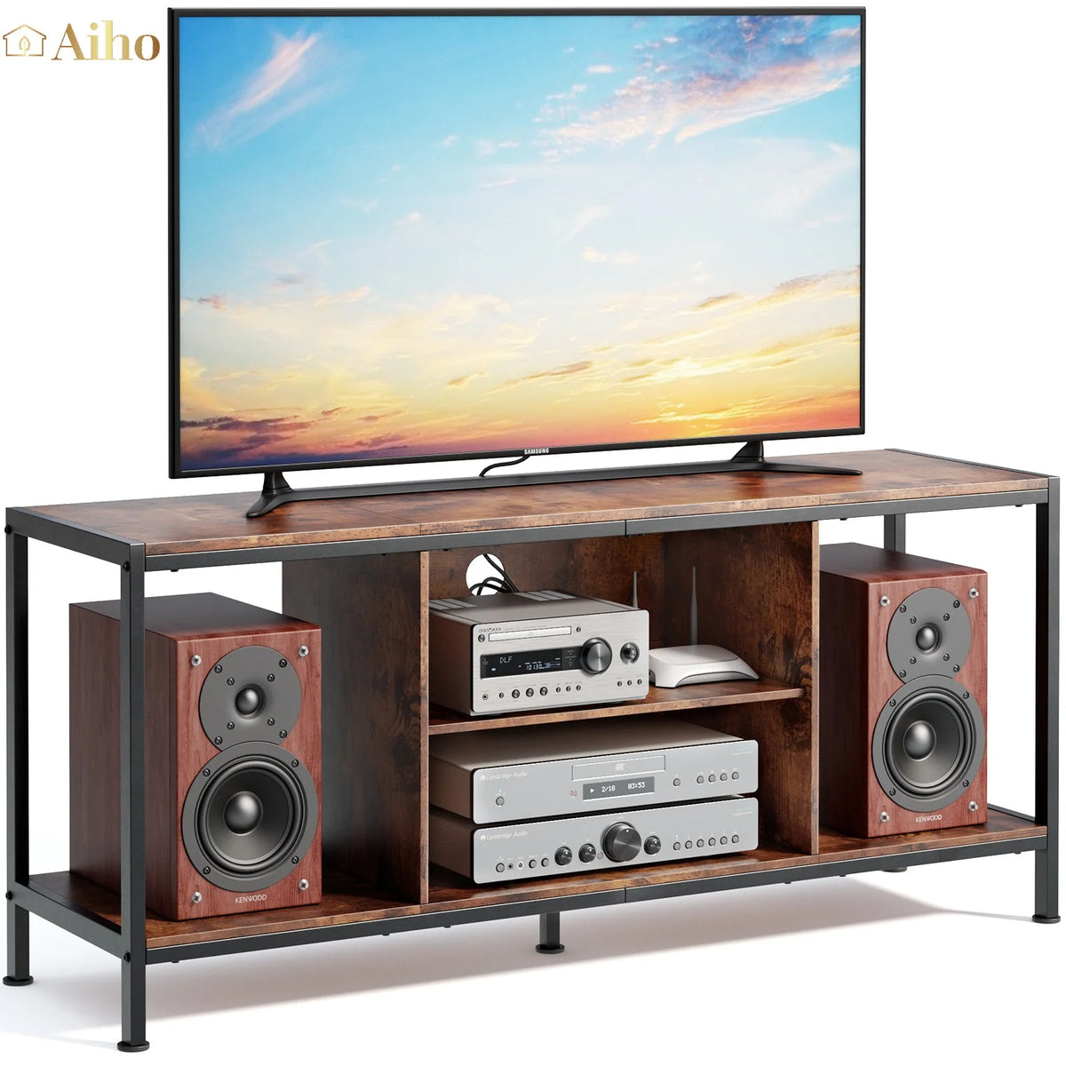 Mid-Century Wooden TV Stand with Open Storage Shelves and Metal Frame U658059