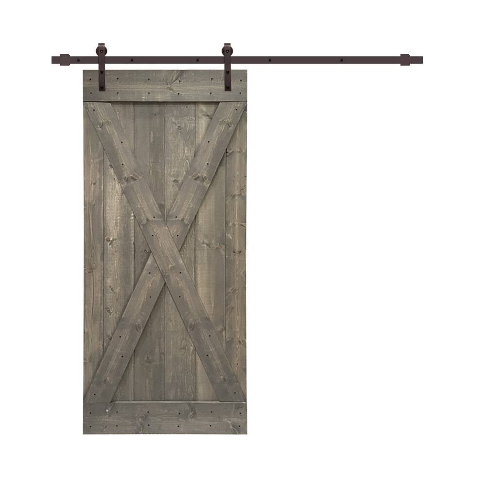 Weather Gray Stained Wood Interior Sliding Barn Door with Hardware Kit V2241