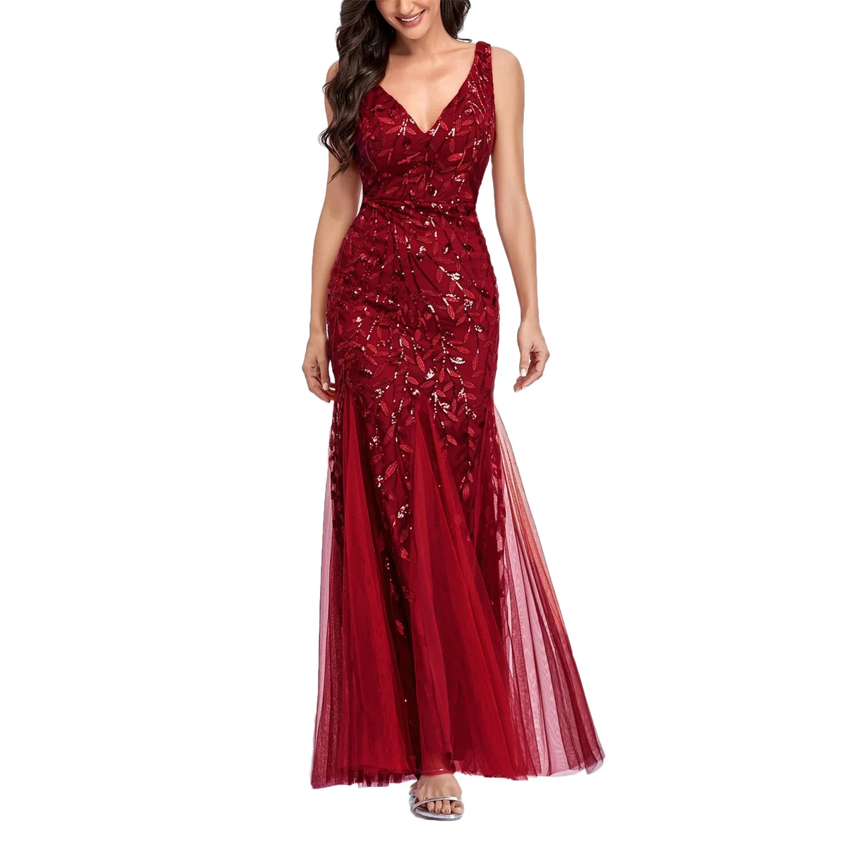 Sleeveless V-neck Tulle Embroidery Sequins Cocktail Mermaid Bridesmaid Dress J57844