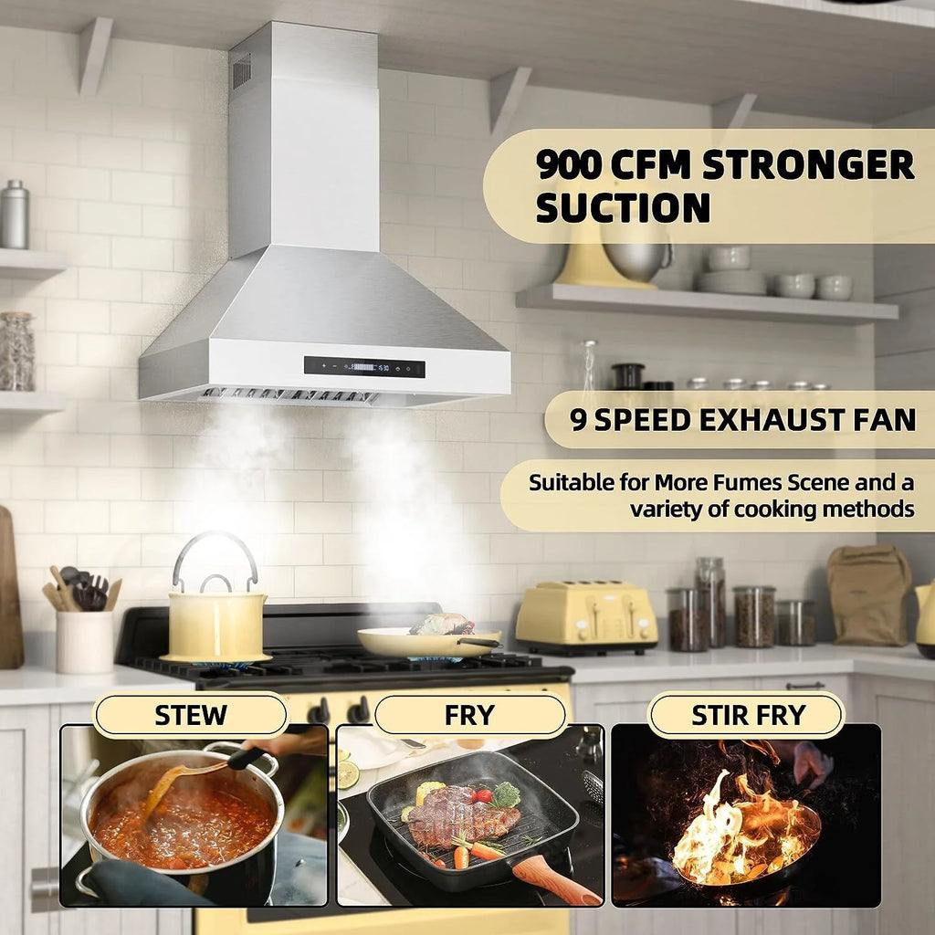 30 inch Wall Mount Range Hood Stainless Steel 900CFM 3-speeds S5146