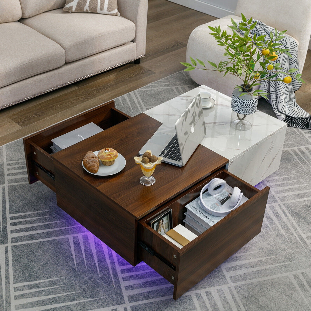 Walnut and Marble White Coffee Table with 2 Storage Drawers H2273