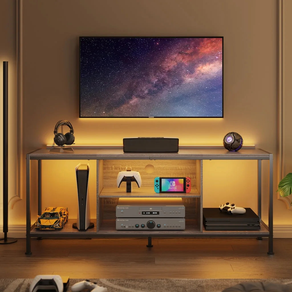 Mid-Century Wooden TV Stand with Open Storage Shelves and Metal Frame U658059