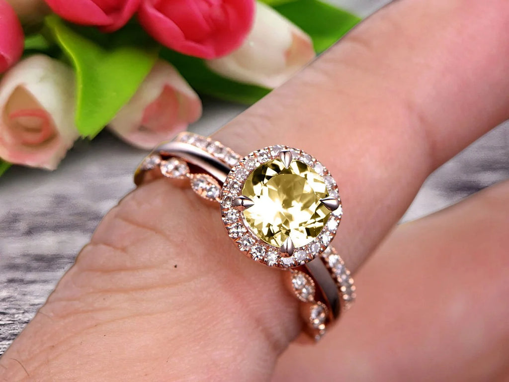 10k Rose Gold Art Deco 2.25 Carat 6mm Round Cut Champagne Diamond Moissanite Wedding Ring Set Matching Band E208
