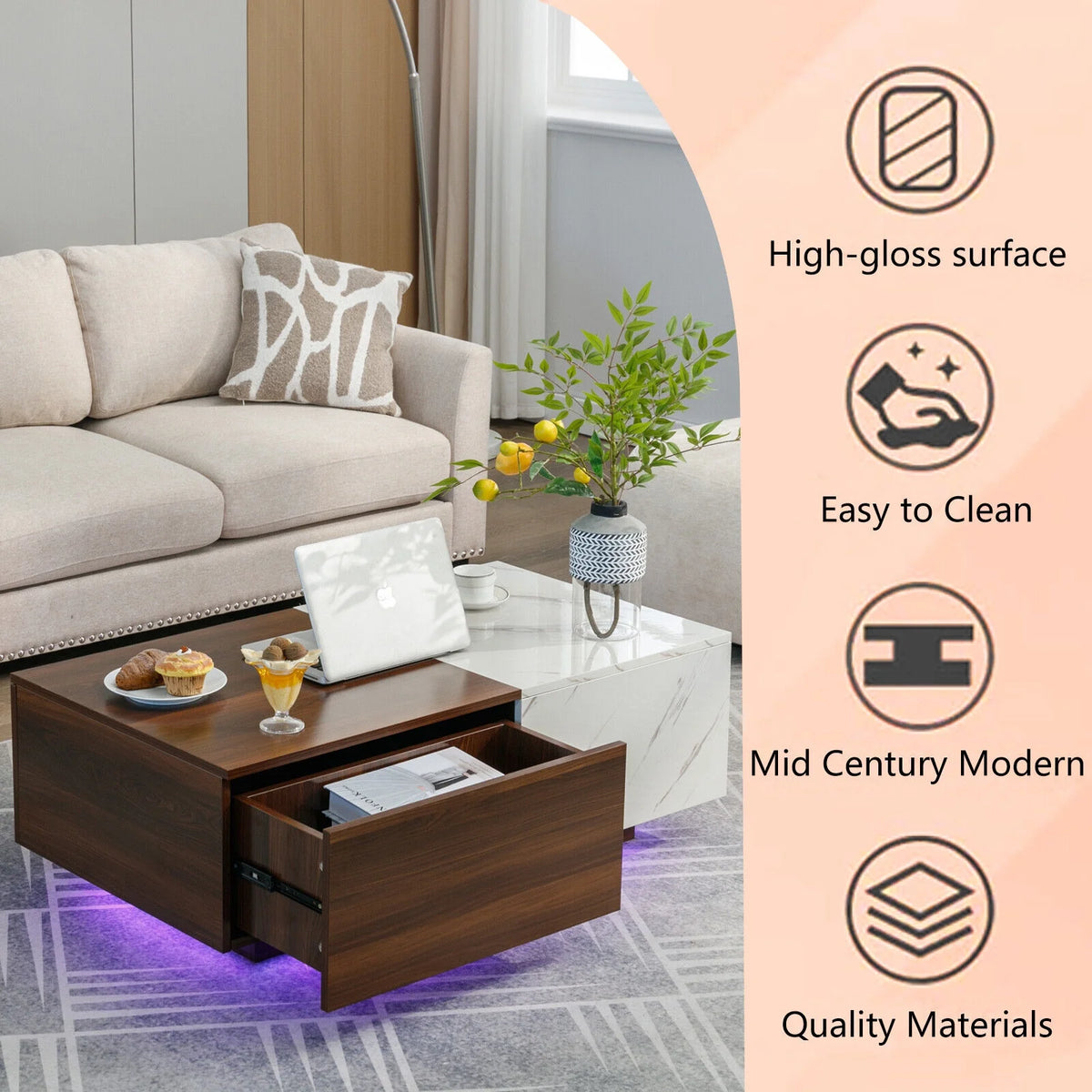 Walnut and Marble White Coffee Table with 2 Storage Drawers H2273