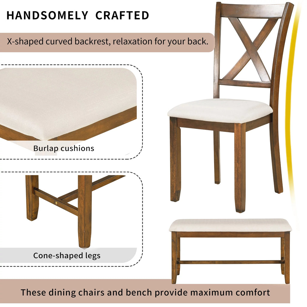 6-Piece Wooden Dining Table Set with 4 Chairs and Bench P9346