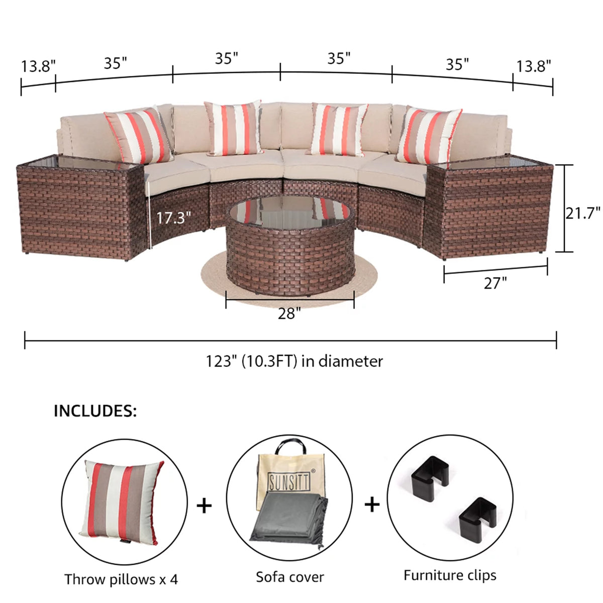 Brown 7-Piece PE Wicker Curved Sectional Sofa Set with Coffee Table Q1261