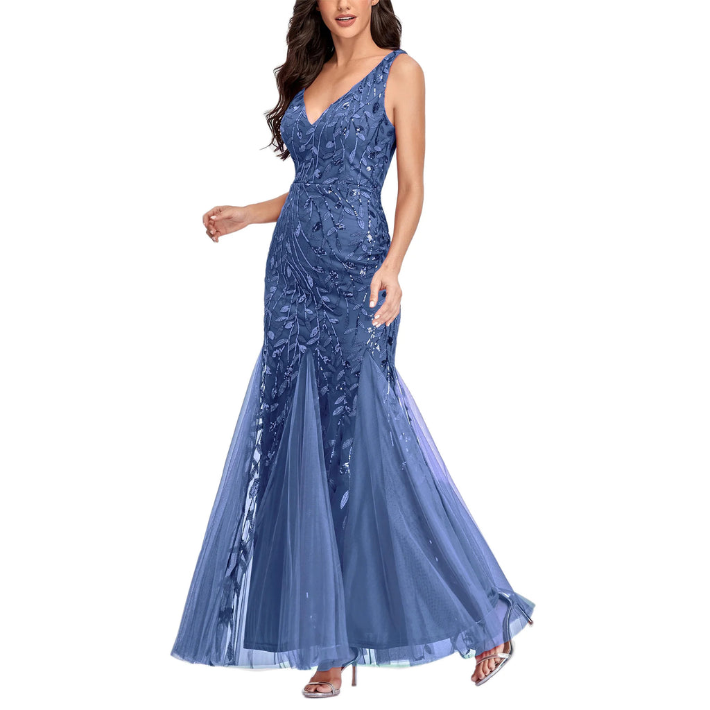 Sleeveless V-neck Tulle Embroidery Sequins Cocktail Mermaid Bridesmaid Dress J57844