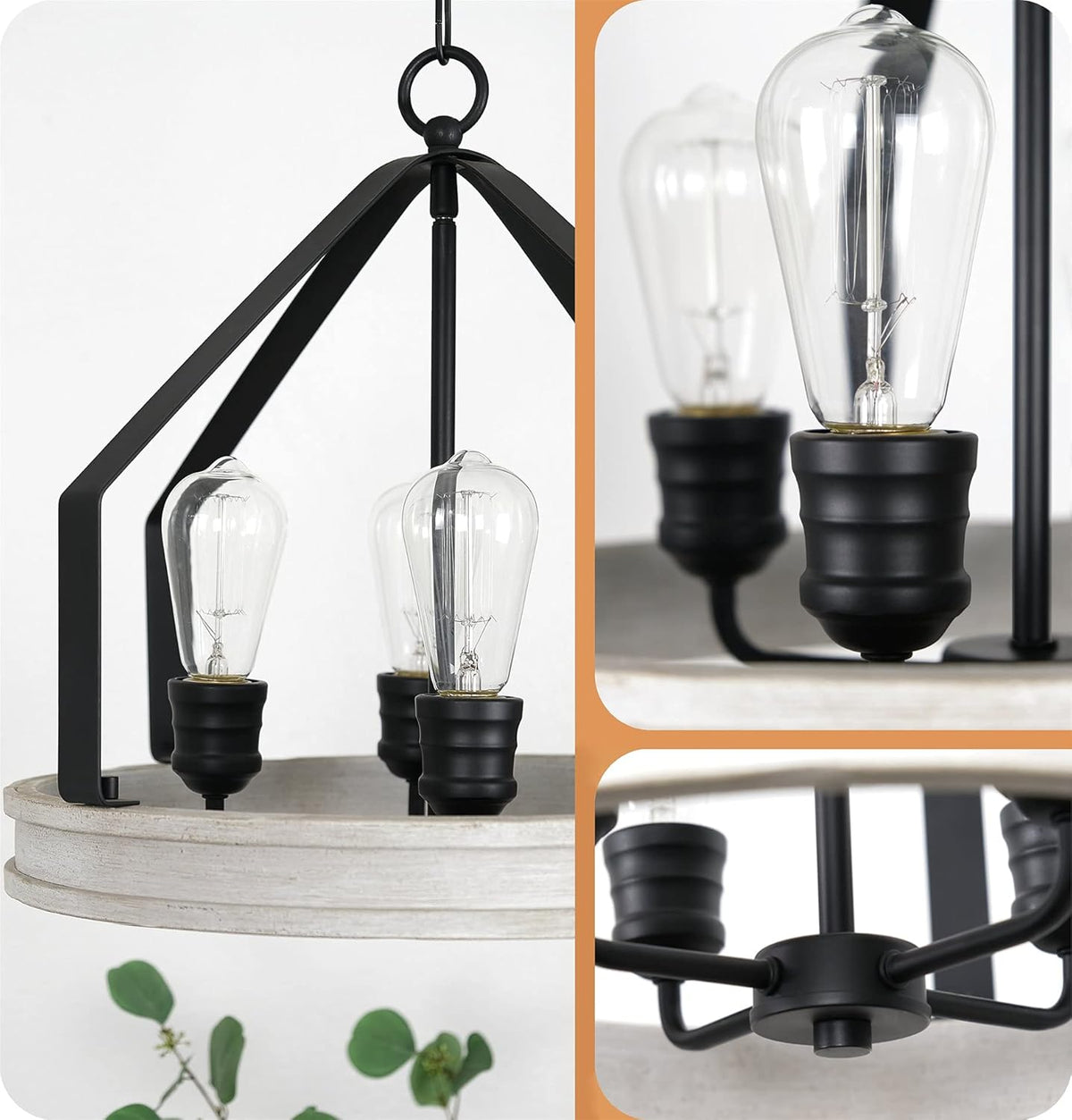 White Birch Wood Style Black Finish 4-Light Farmhouse Pendant Light Z4568