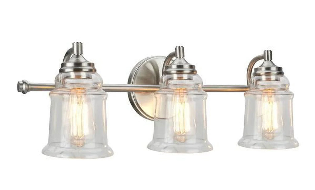 Three-Light Brushed Nickel Bathroom Vanity Wall Light Fixture with Clear Glass Shade C14316