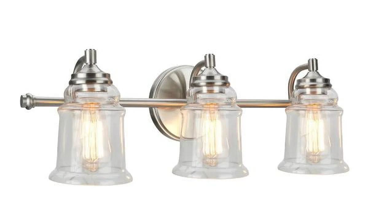 Three-Light Brushed Nickel Bathroom Vanity Wall Light Fixture with Clear Glass Shade C14316