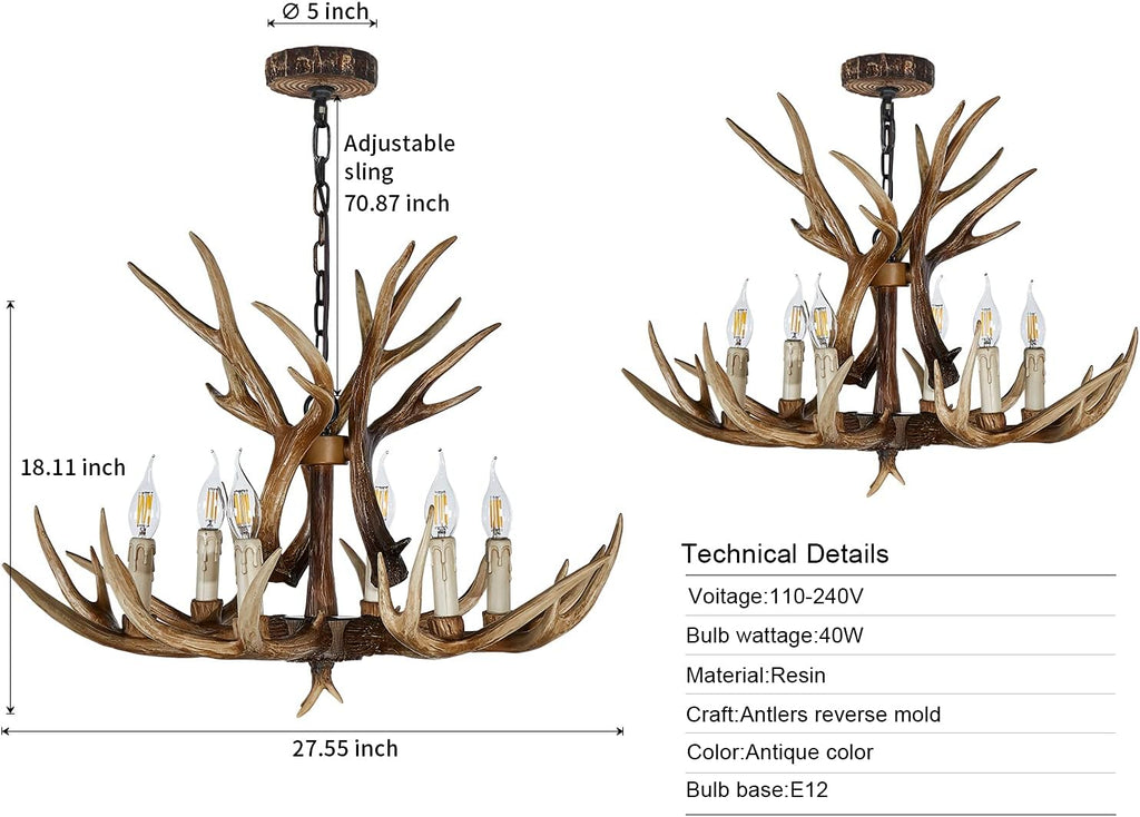 Antler Chandelier 6 Light Large Faux Resin Brown V37550