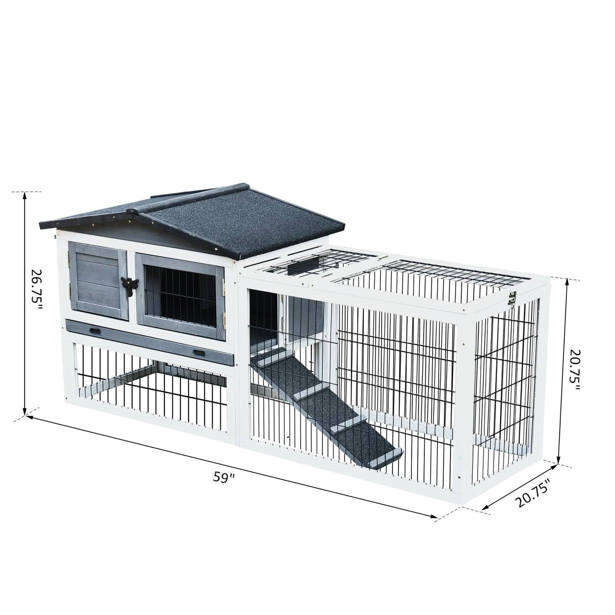 Solid Wood Rabbit Hutch with Black Metal Cage and Easy Clean Tray O183