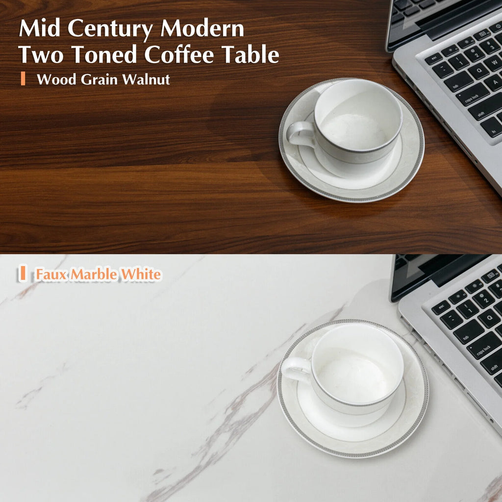 Walnut and Marble White Coffee Table with 2 Storage Drawers H2273