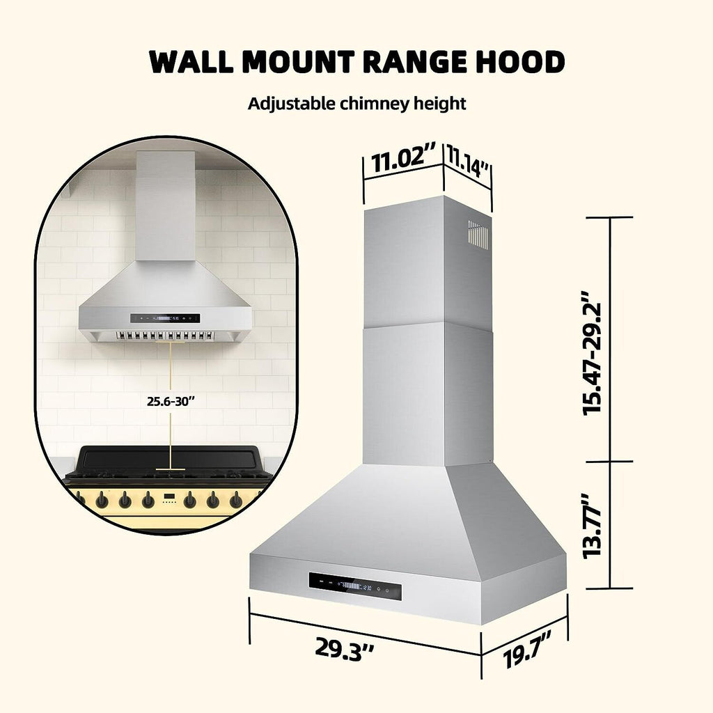 30 inch Wall Mount Range Hood Stainless Steel 900CFM 3-speeds S5146