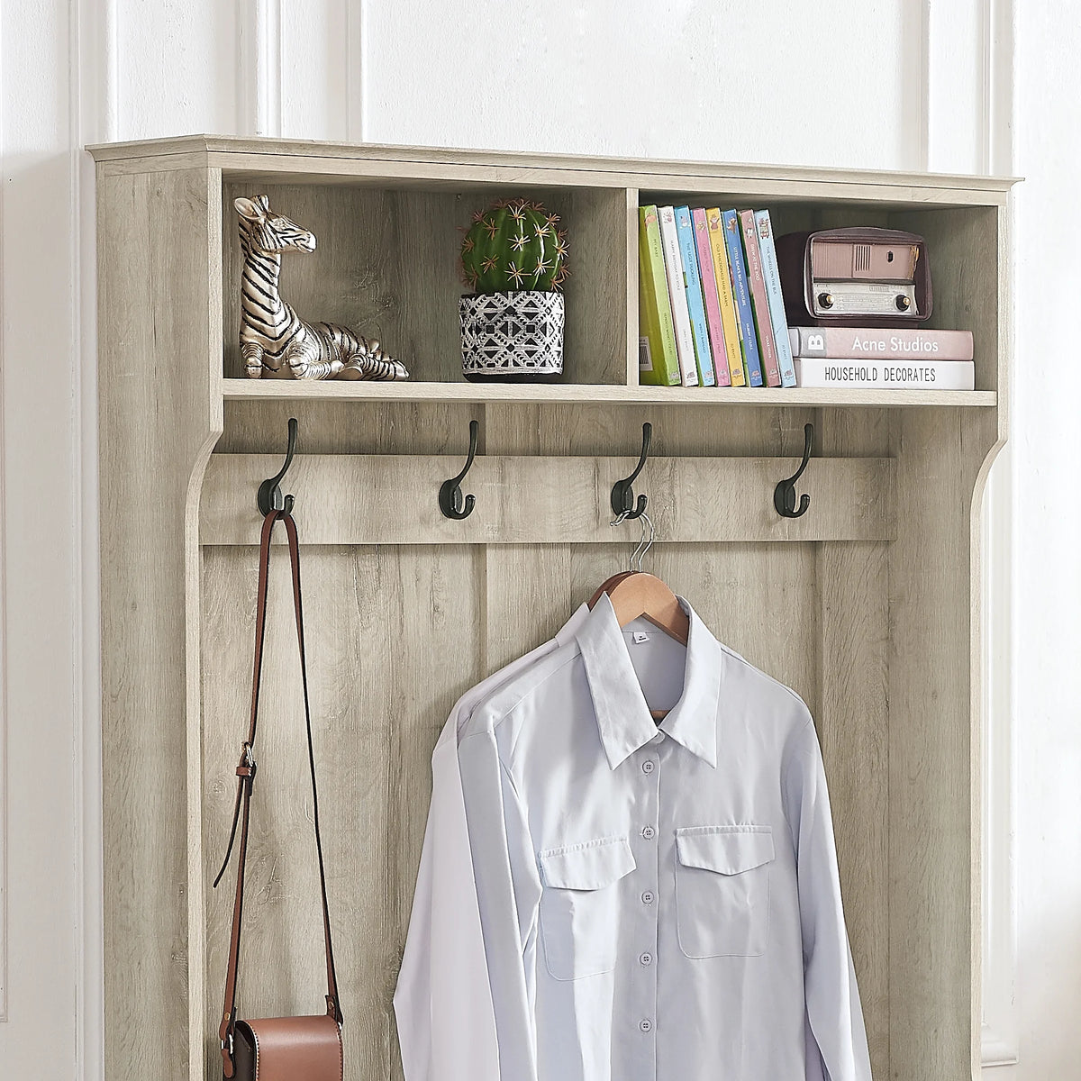 White Oak Entryway Bench with Coat Hooks and Storage Bench F814842