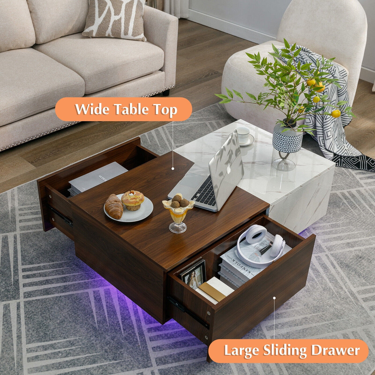 Walnut and Marble White Coffee Table with 2 Storage Drawers H2273