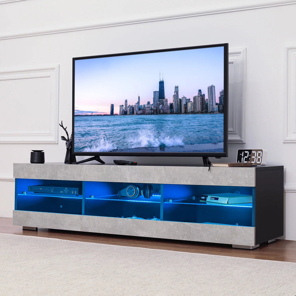 White TV Stand with LED Lights and Glass Shelf A281