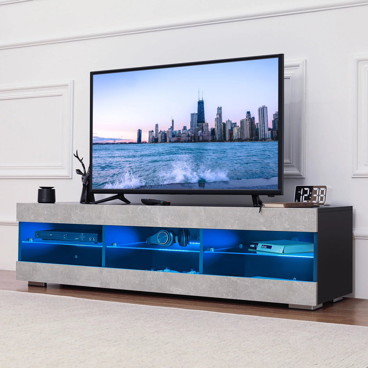 White TV Stand with LED Lights and Glass Shelf A281