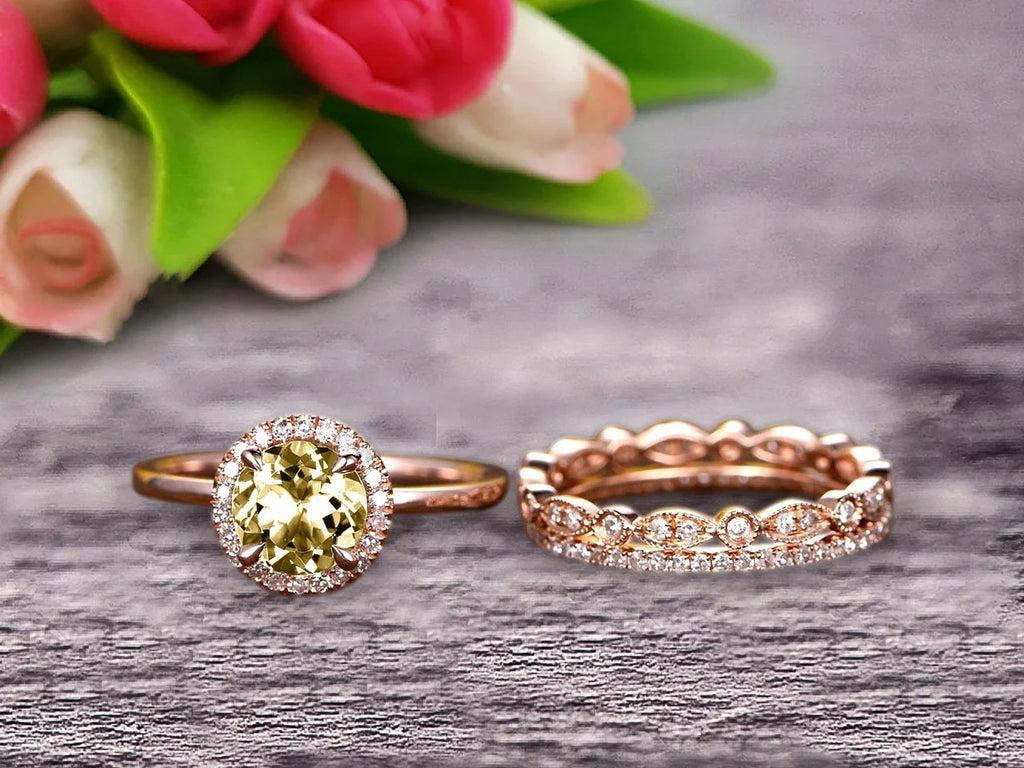 10k Rose Gold Art Deco 2.25 Carat 6mm Round Cut Champagne Diamond Moissanite Wedding Ring Set Matching Band E208