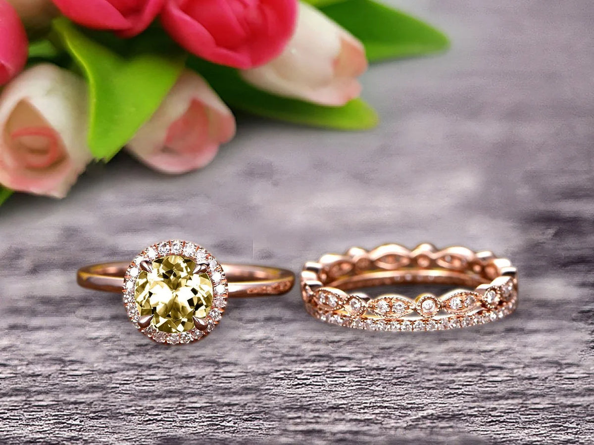 10k Rose Gold Art Deco 2.25 Carat 6mm Round Cut Champagne Diamond Moissanite Wedding Ring Set Matching Band E208