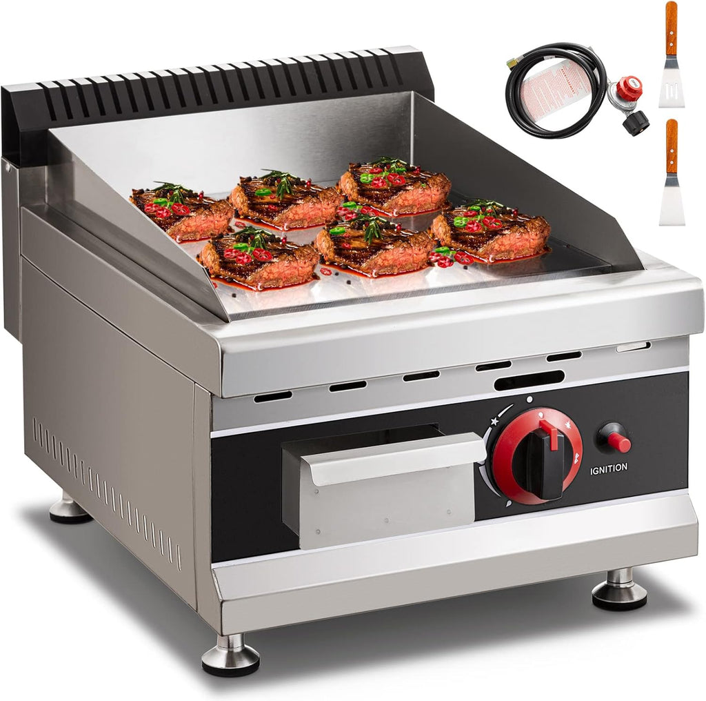 14-Inch Commercial Gas Griddle, Liquefied Propane Gas Flat Top Restaurant Griddle, Heavy Duty Stainless Steel Countertop Manual Griddle, 30,000 BTU L957974