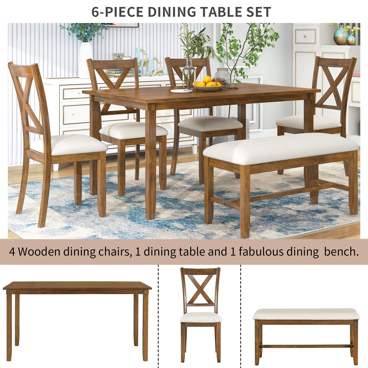 6-Piece Wooden Dining Table Set with 4 Chairs and Bench P9346