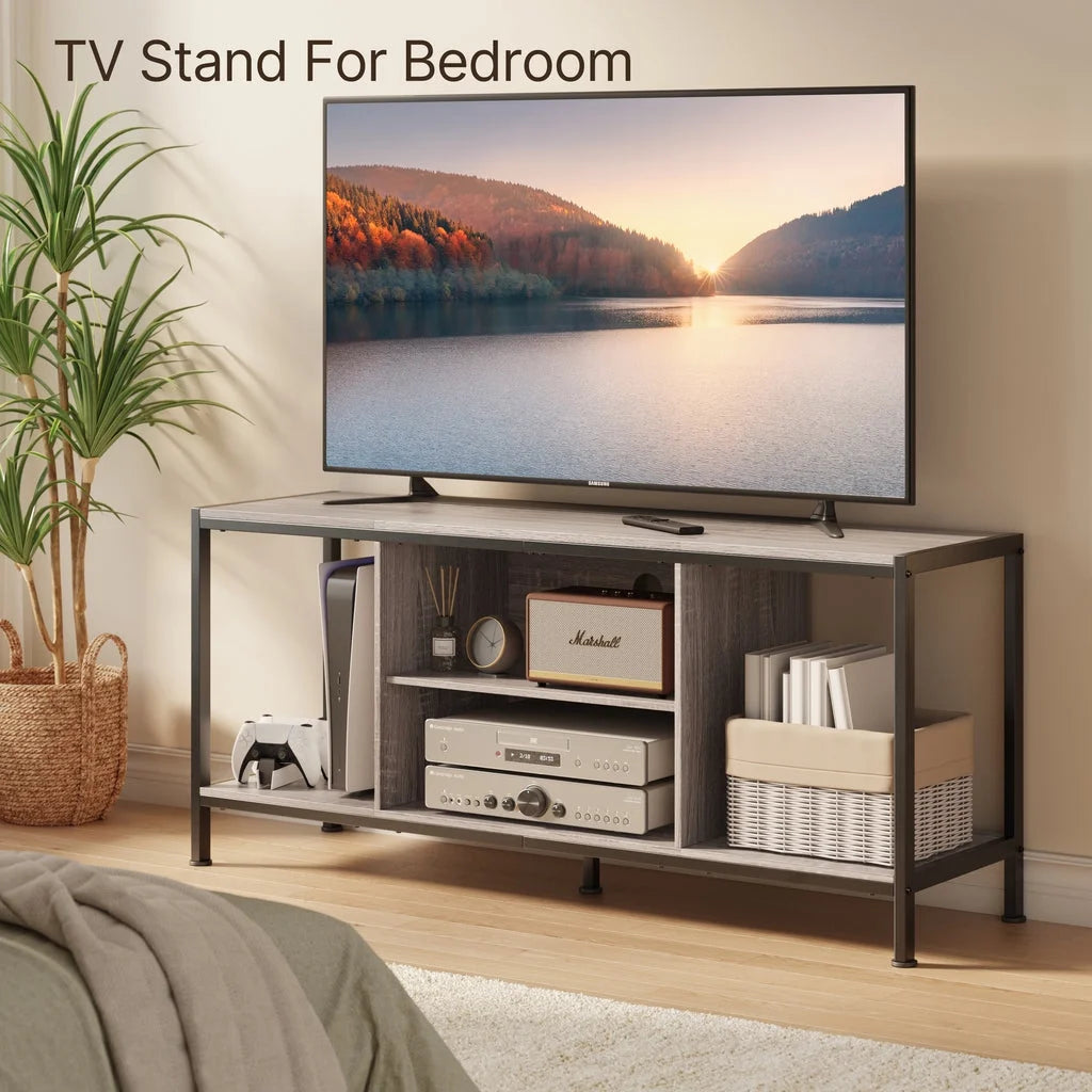 Mid-Century Wooden TV Stand with Open Storage Shelves and Metal Frame U658059