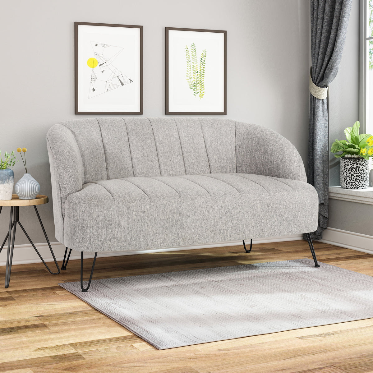 Light Gray Fabric Loveseat with Hairpin Legs N4759