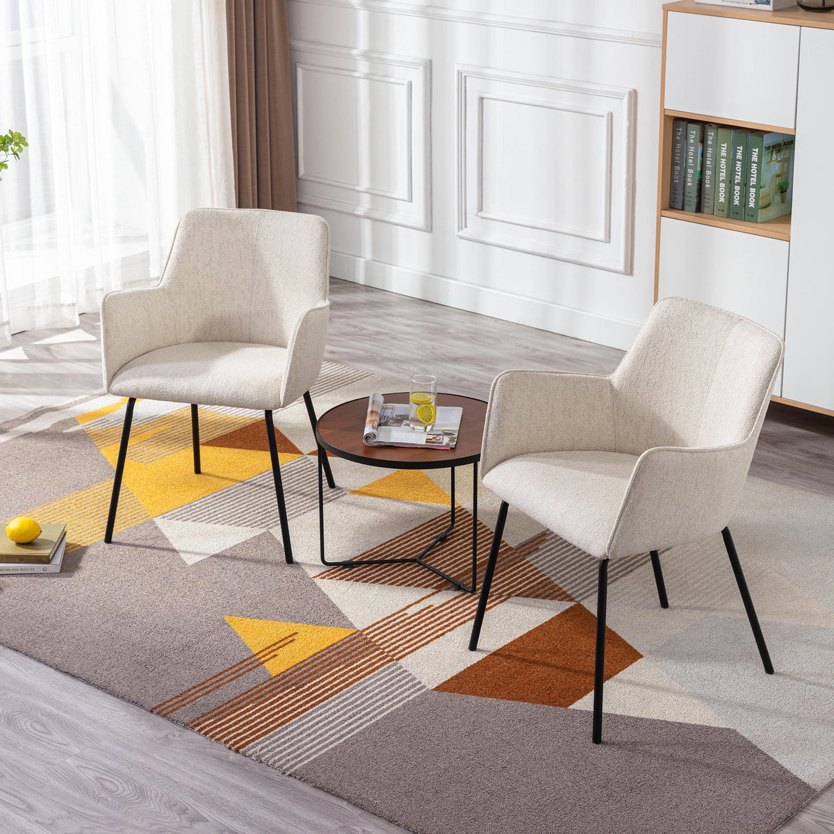 Beige Linen Upholstered Dining Chairs Set of 2 with Black Metal Legs R140