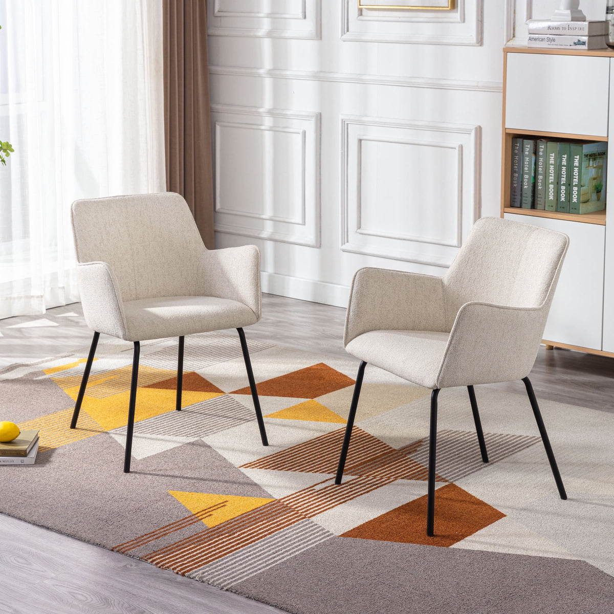 Beige Linen Upholstered Dining Chairs Set of 2 with Black Metal Legs R140
