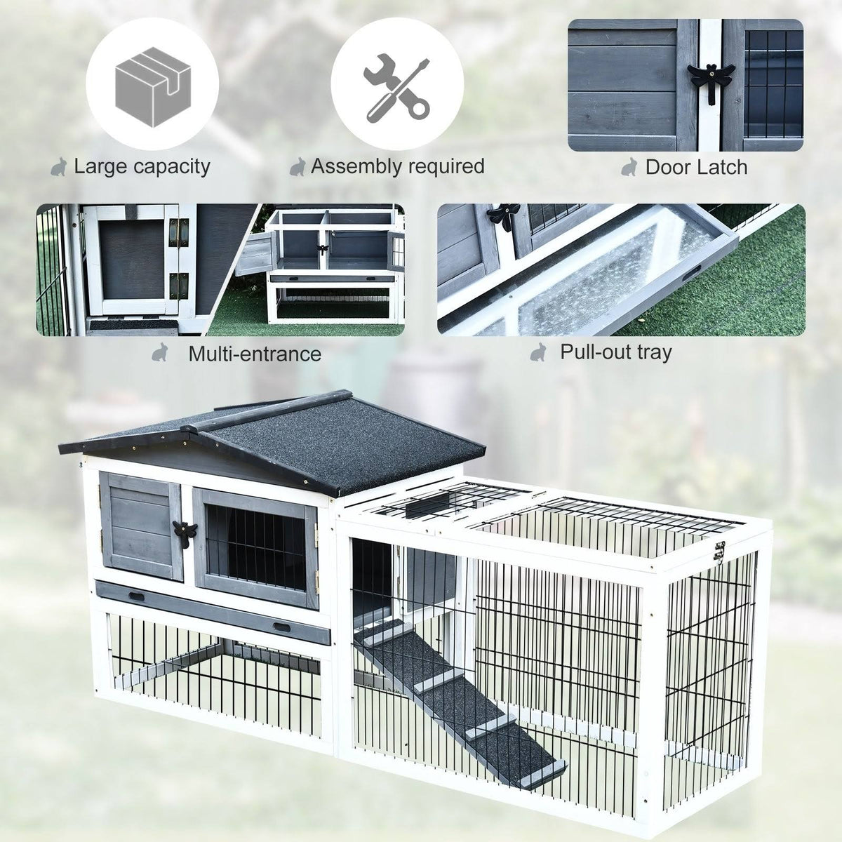 Solid Wood Rabbit Hutch with Black Metal Cage and Easy Clean Tray O183