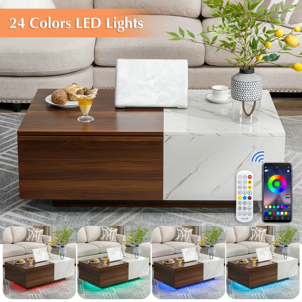 Walnut and Marble White Coffee Table with 2 Storage Drawers H2273