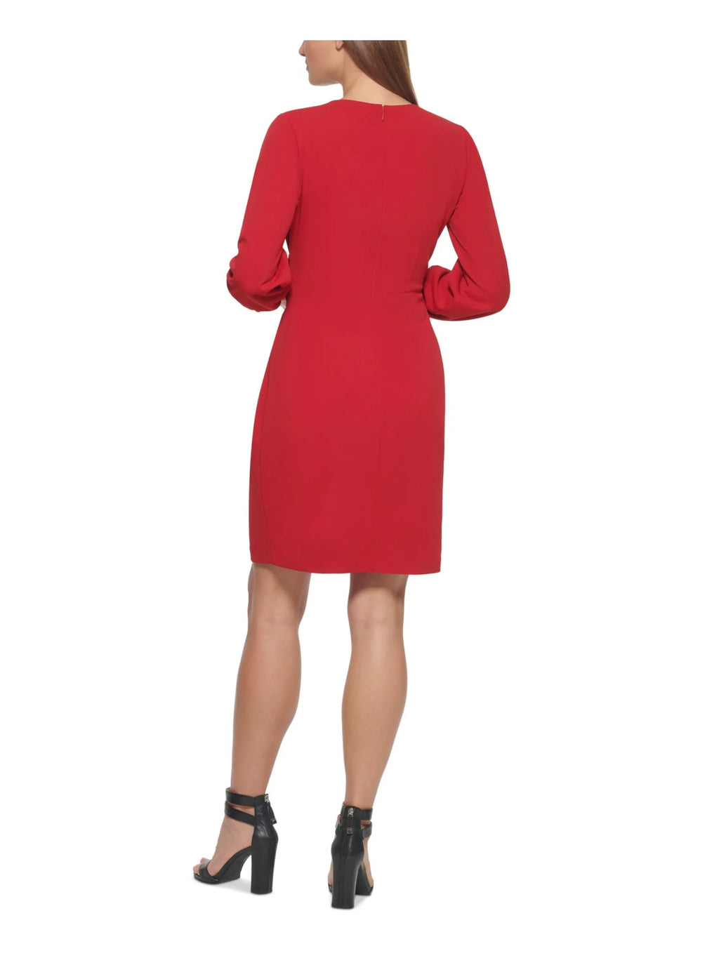 Red Long Sleeve Faux Wrap Dress E5343