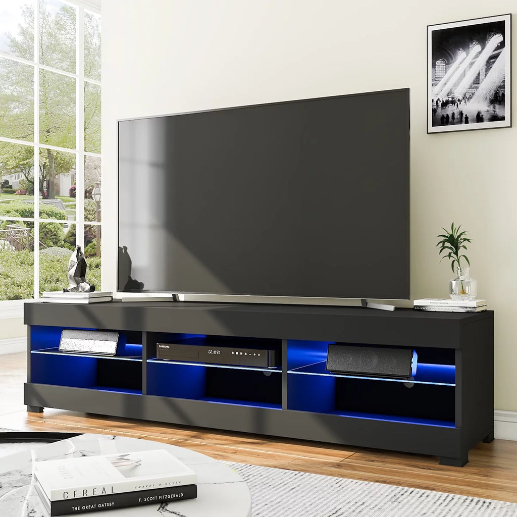 White TV Stand with LED Lights and Glass Shelf A281