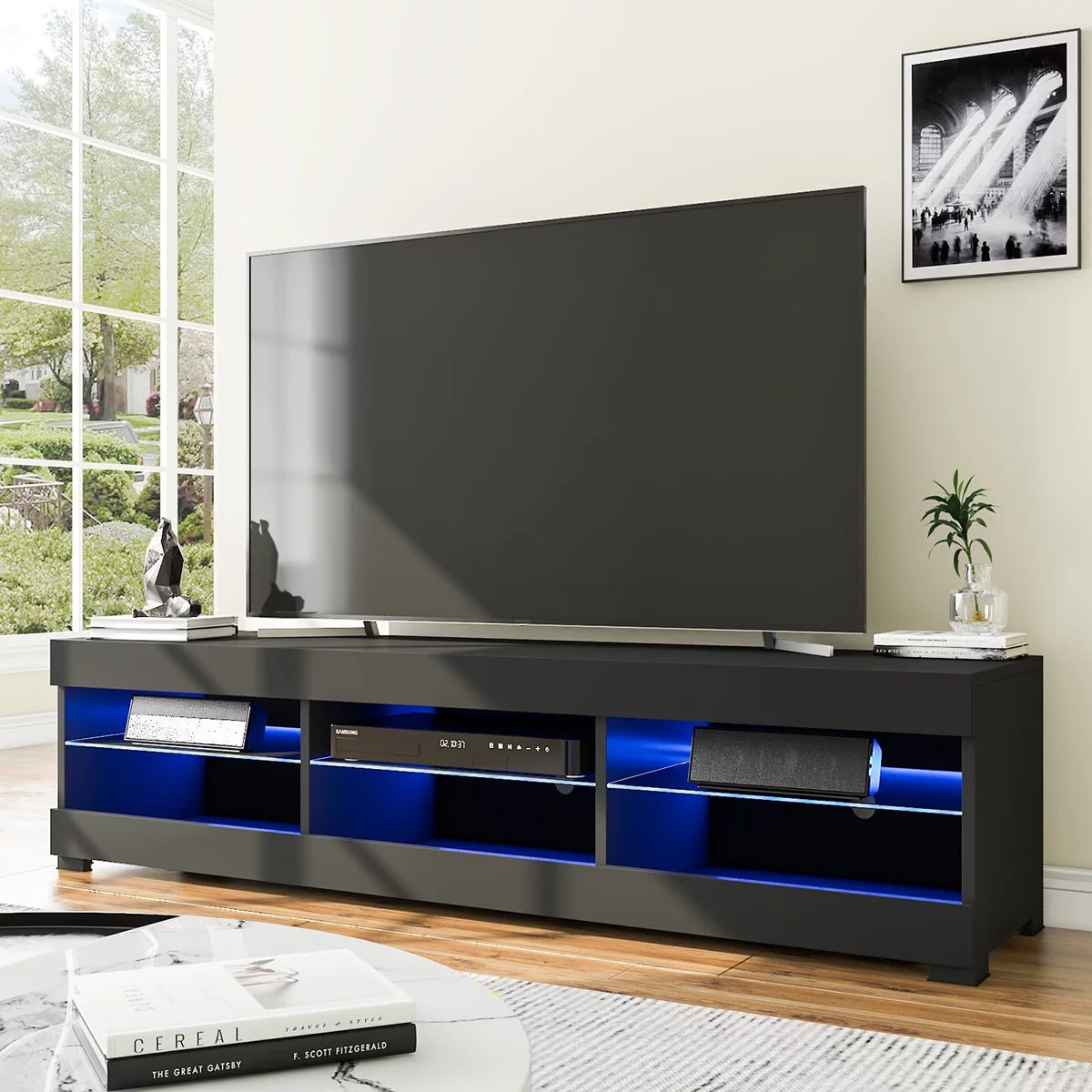 White TV Stand with LED Lights and Glass Shelf A281