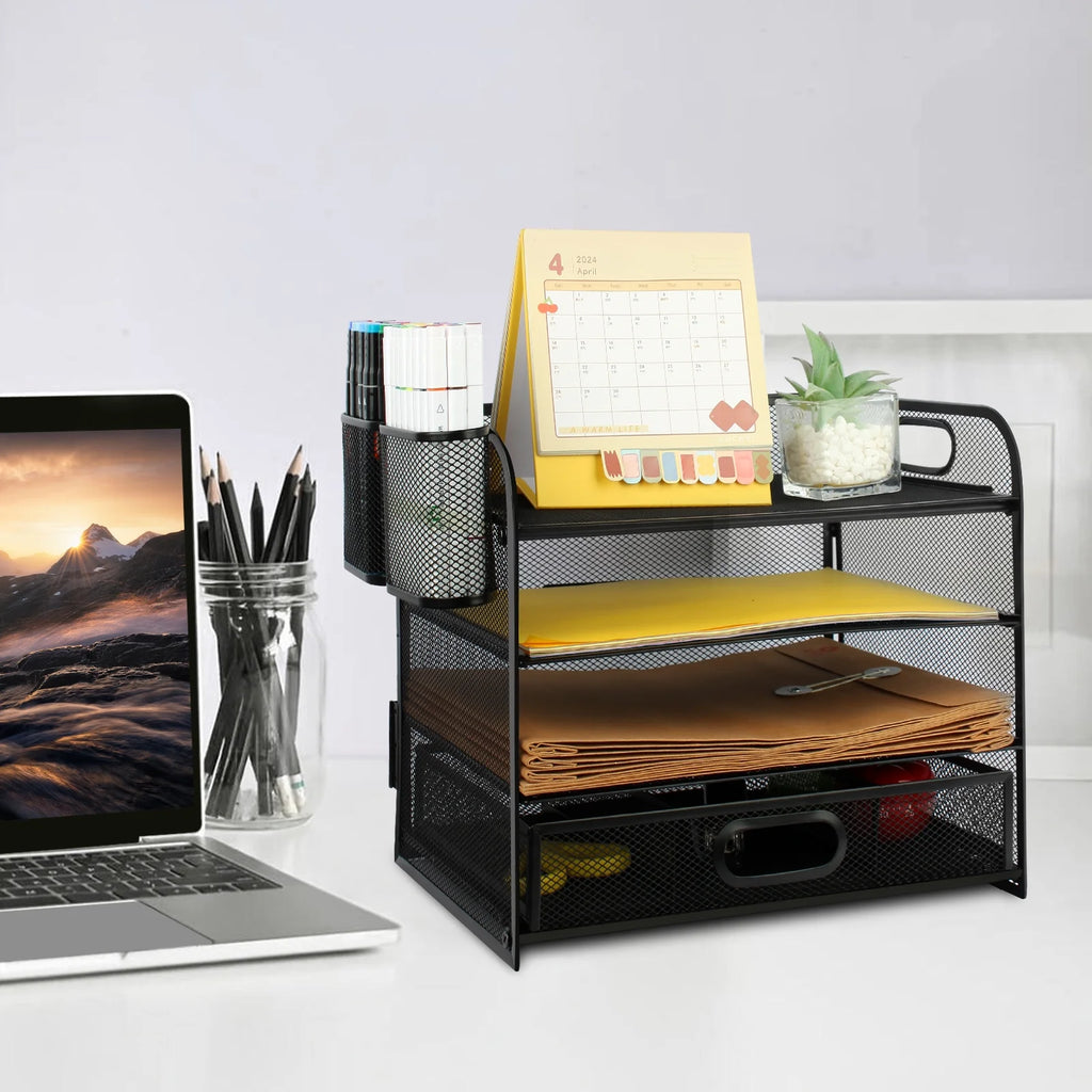 4-Tier Metal Mesh Desk Organizer with Drawer D15256