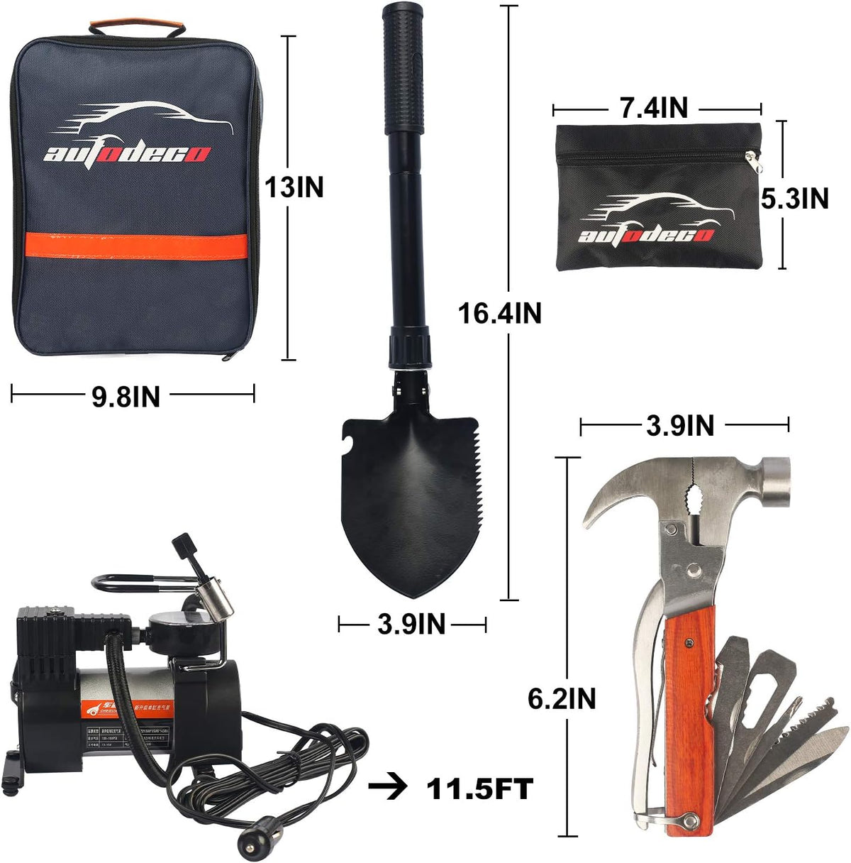 118-Piece Car Roadside Emergency Kit with Jumper Cables Portable Air Compressor Tow Strap Hammer Shovel D232343