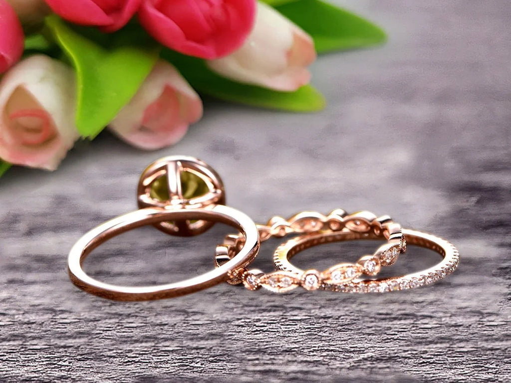 10k Rose Gold Art Deco 2.25 Carat 6mm Round Cut Champagne Diamond Moissanite Wedding Ring Set Matching Band E208
