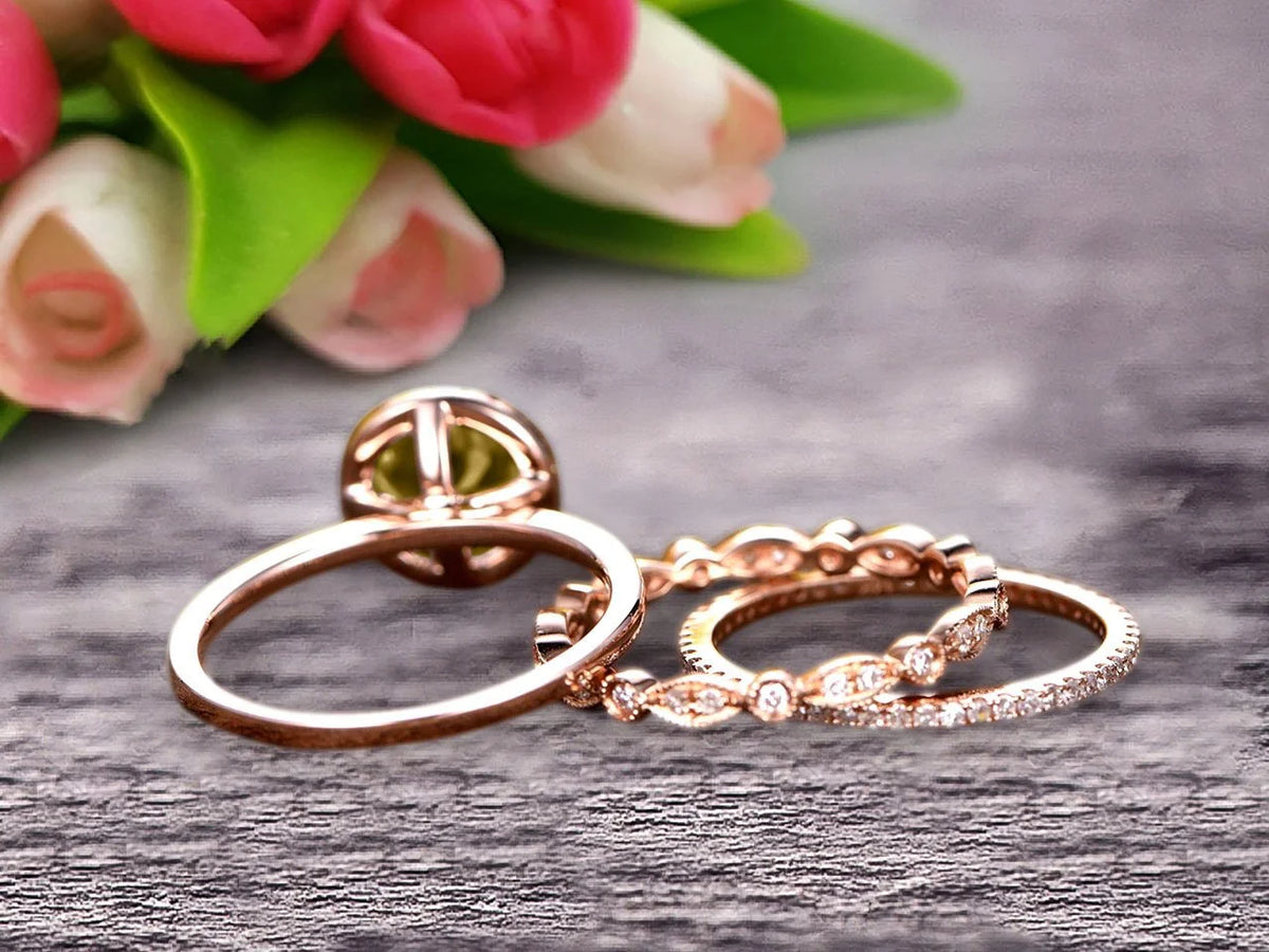 10k Rose Gold Art Deco 2.25 Carat 6mm Round Cut Champagne Diamond Moissanite Wedding Ring Set Matching Band E208