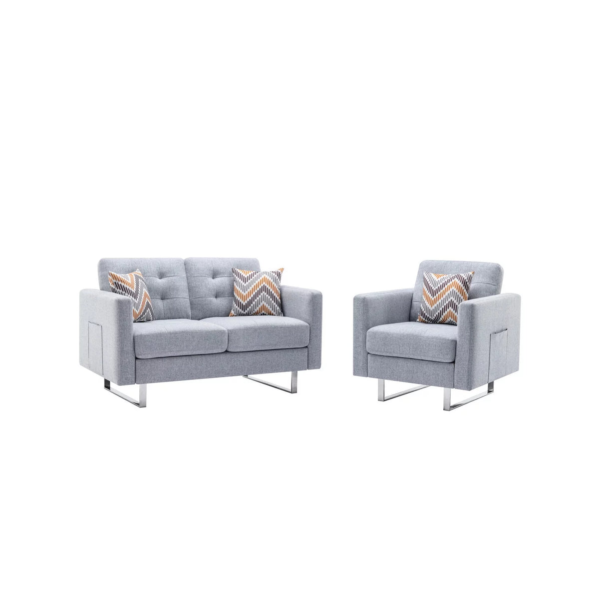 Light Gray Linen Fabric Loveseat Chair with Metal Legs and Pillows M941