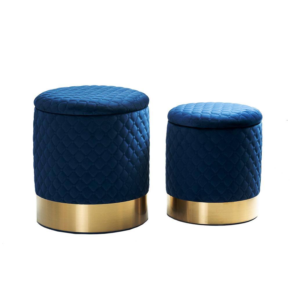 2 Piece Navy Velvet Storage Ottoman Set T70046