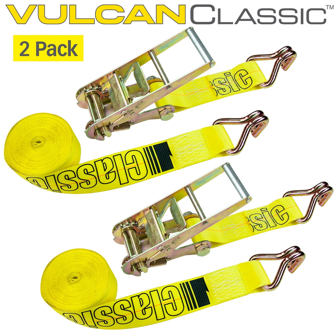 Ratchet Strap with Wire Hooks, 3 inch x 27 foot, 2 Pack, Yellow, 5000 Lbs SWL K8752