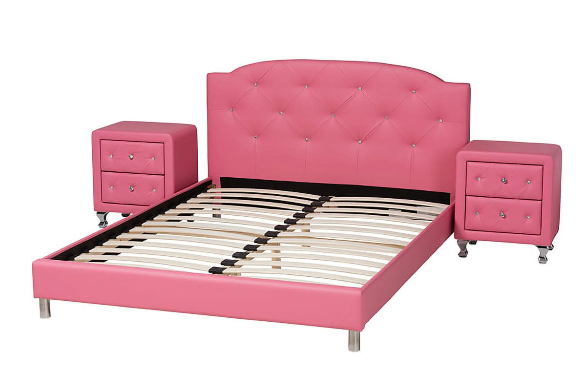 Pink Faux Leather Queen Size 3-Piece Bedroom Set A402